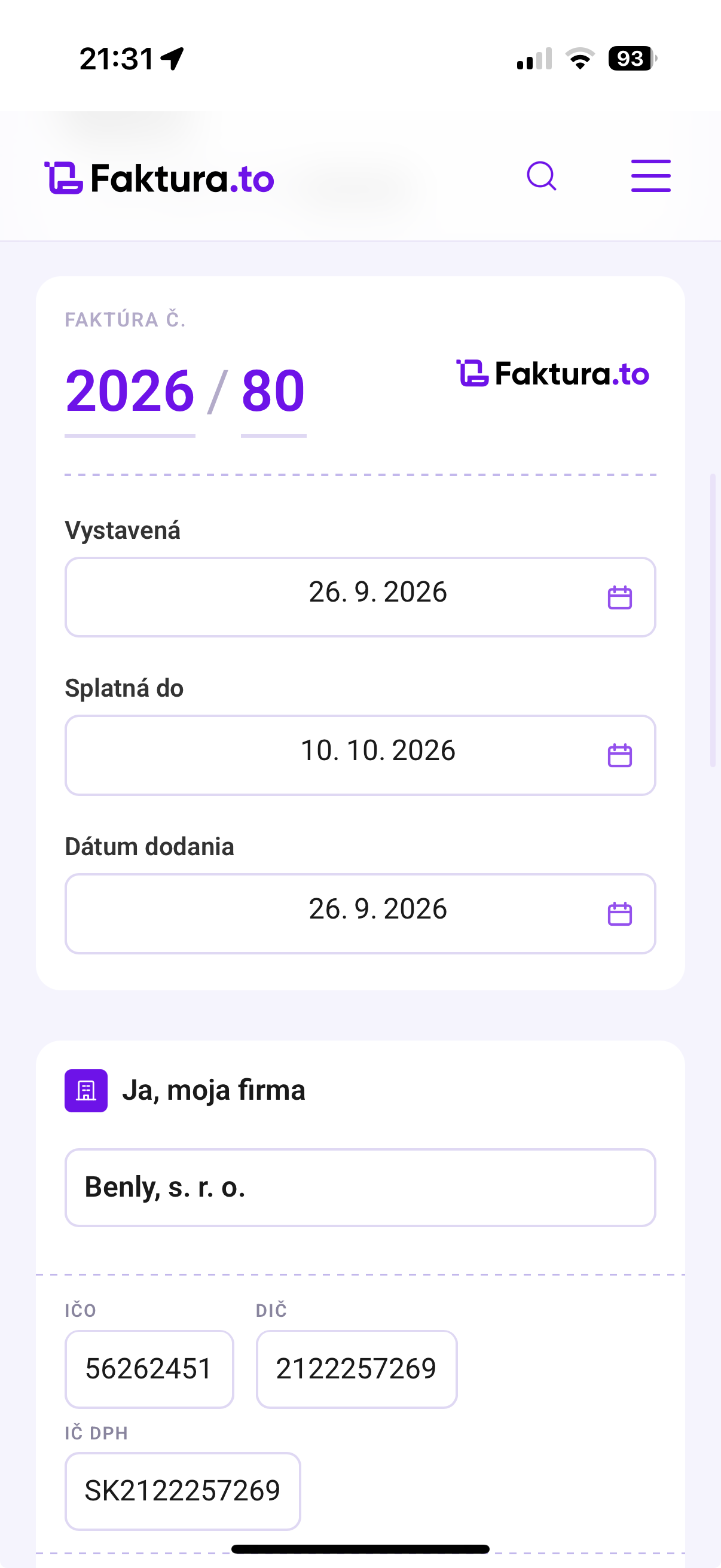Vystavenie faktúry vo Faktura.to v mobilnom prehliadači